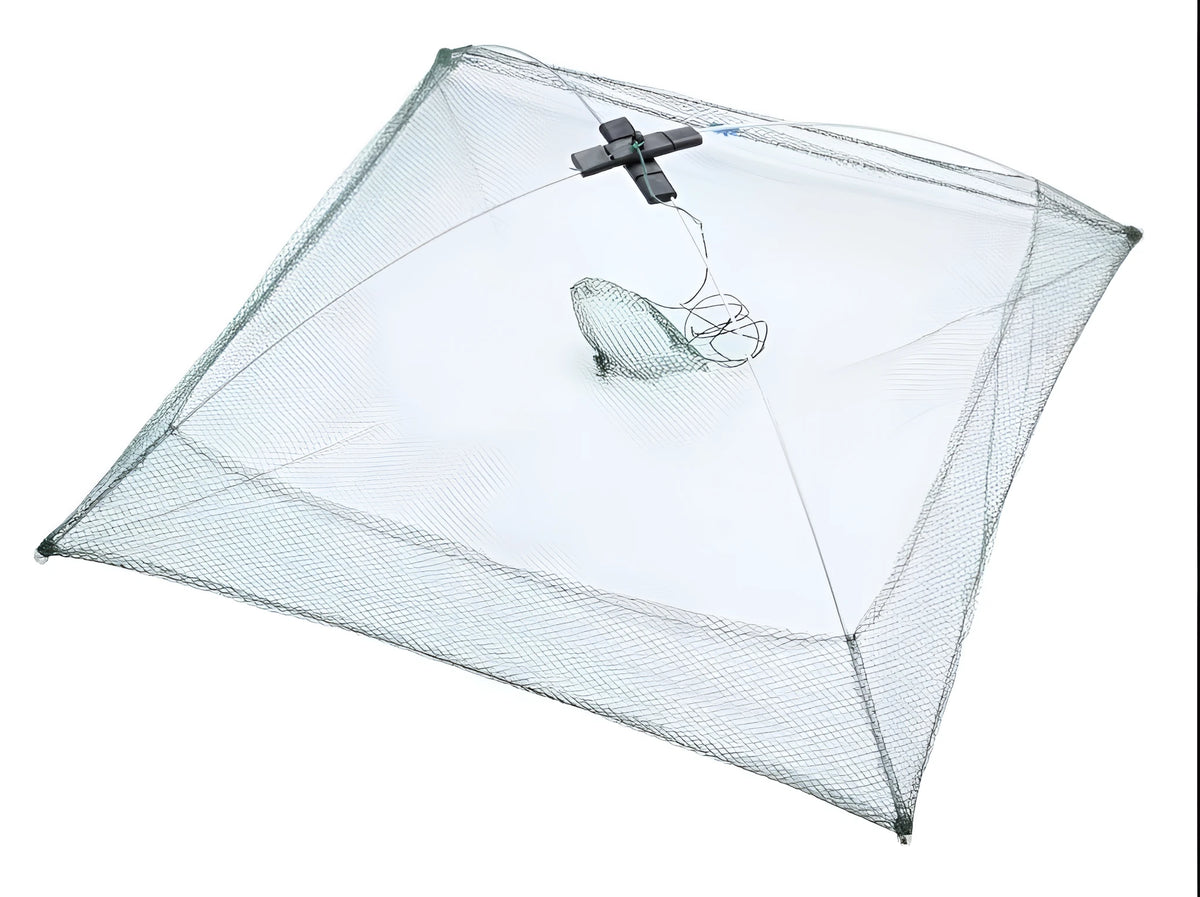 Green nylon pull-out fishing net with 60x60cm net head for compact landing and storage