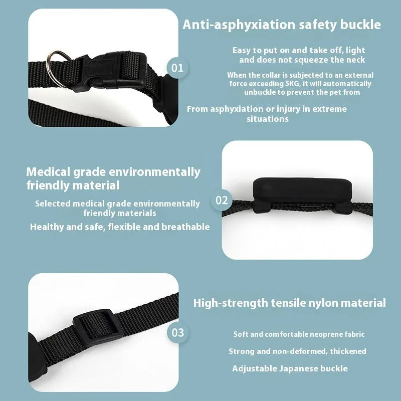 Black Bluetooth pet tracking collar for a cat or puppy, showing adjustable buckle and electronic device.