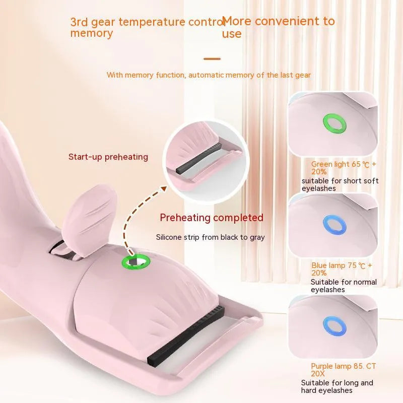 Electric eyelash curler in pink or white with silicone pad, USB cable, and three-speed temperature control.