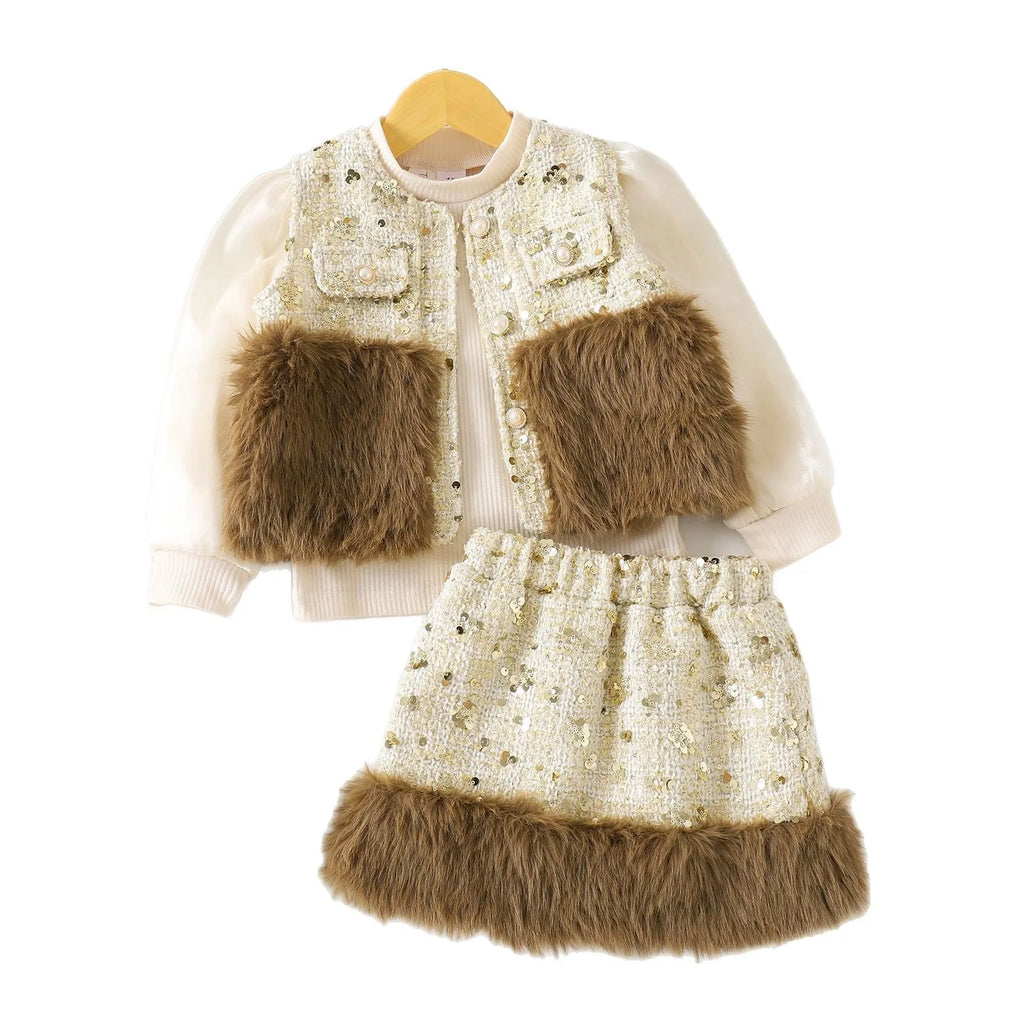 Apricot floral print children's two-piece dress set with long sleeve blouse and skirt made from cotton
