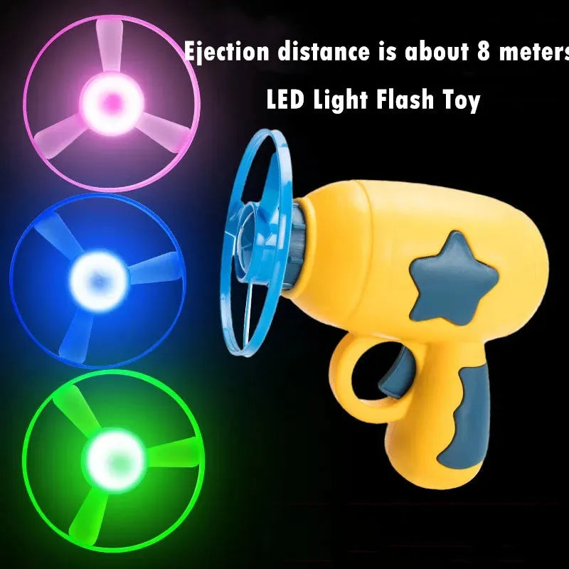 LED light dragonfly flying disc launcher toy set with blue launcher and colourful discs