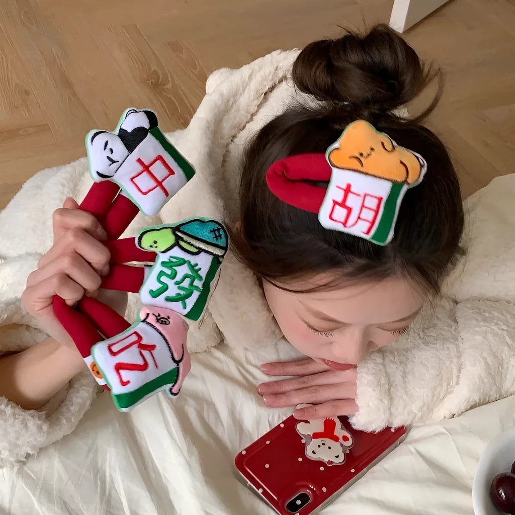Cartoon doll sponge bang hairpin with retro New Year mahjong Chinese character design