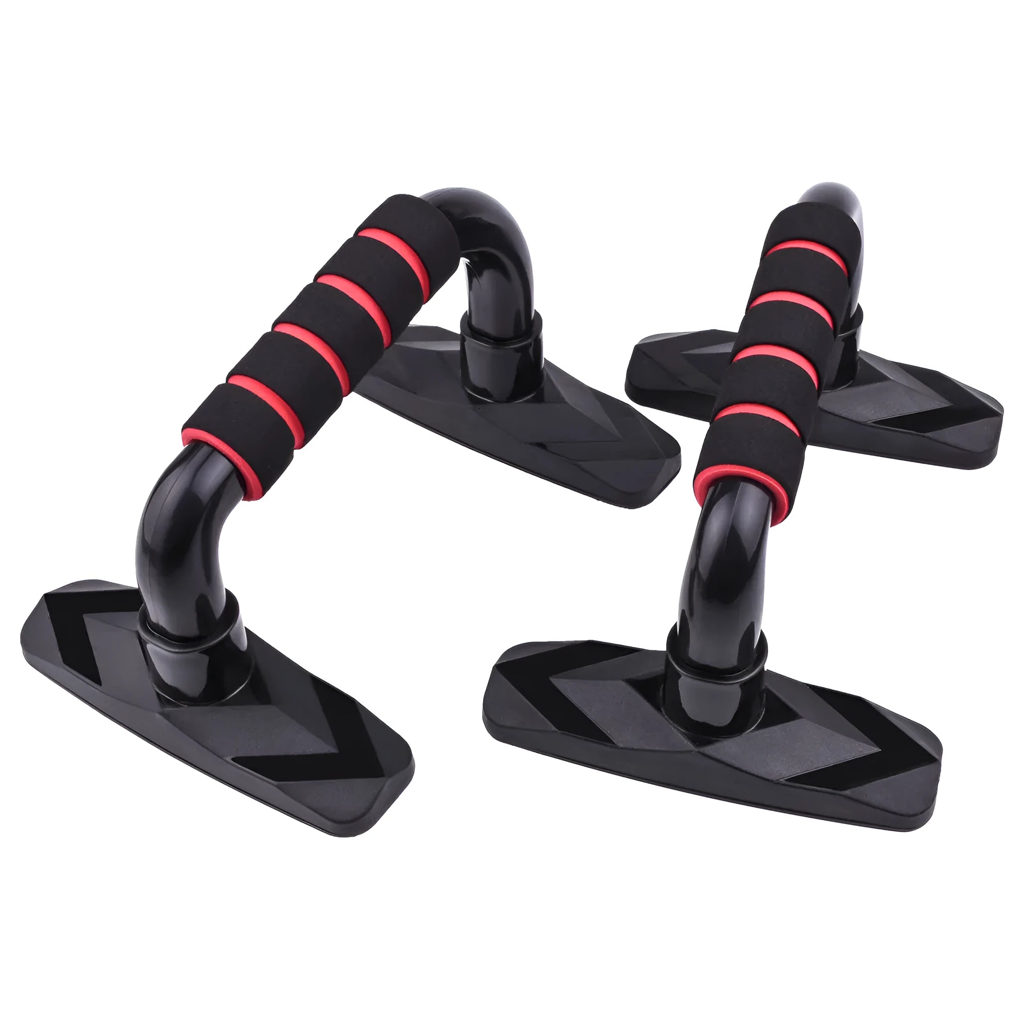 A pair of I-shaped black push up bars with blue PP sponge grips on a grey floor.