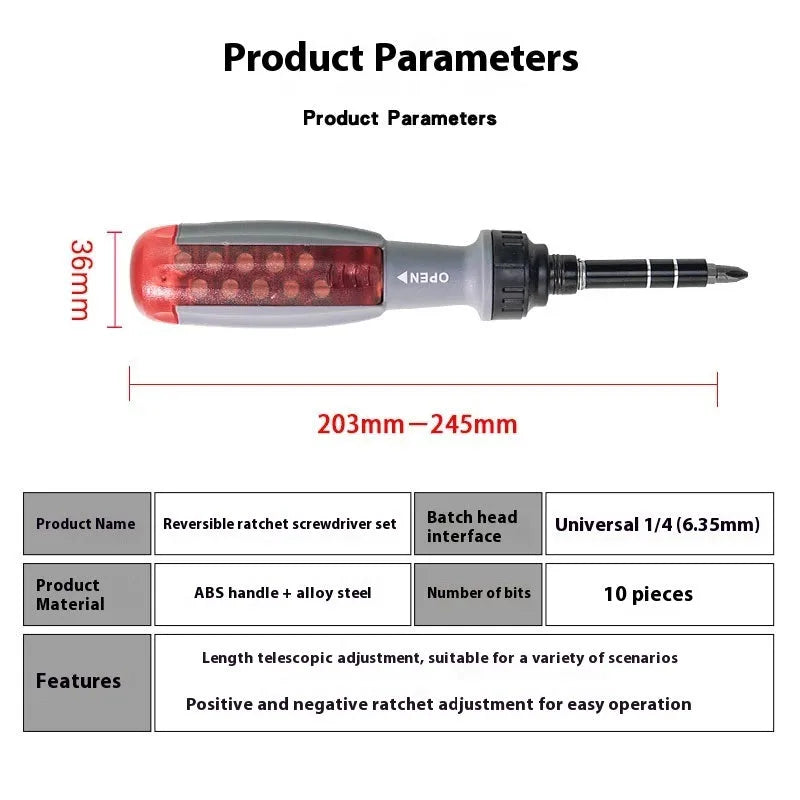 Ratchet screwdriver with retractable shaft, chrome vanadium steel bits, and ABS handle