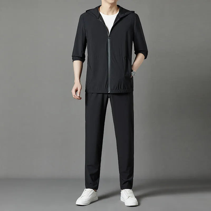 Korean loose hooded sun-protective clothing suit in grey, blue, or black.