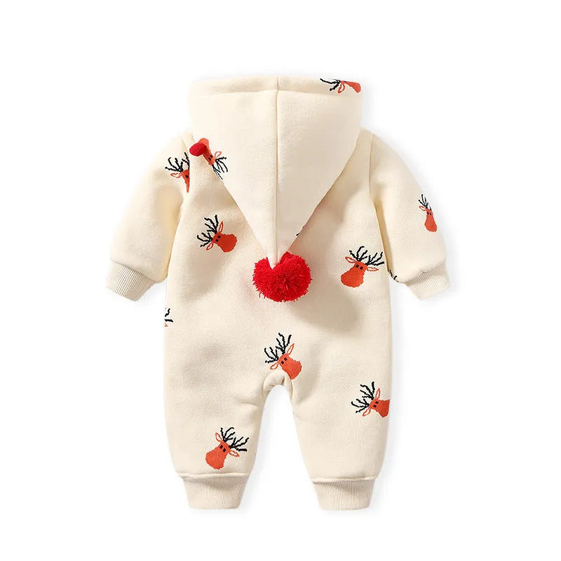 Khaki baby crawling suit with padding, featuring a Christmas moose pattern, shown on a size chart.