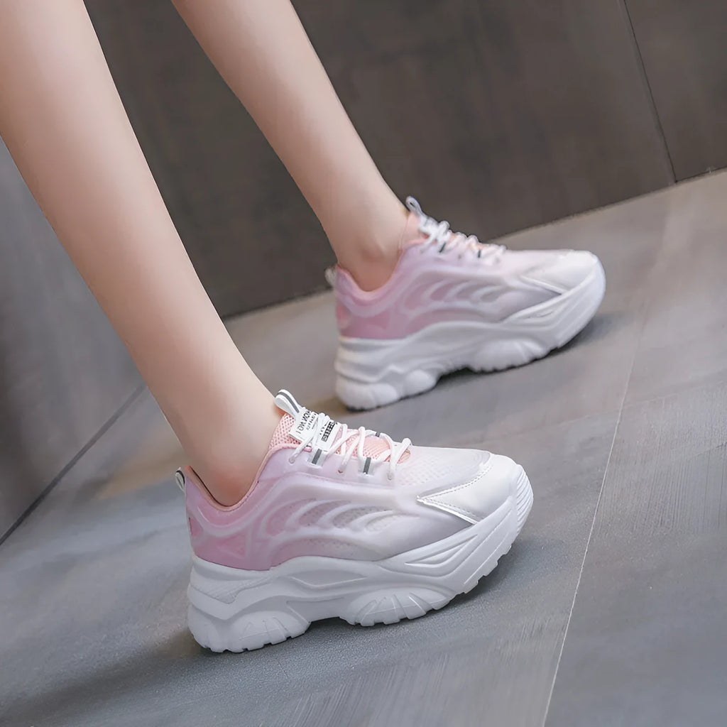 Women's round-toe lace-up casual trainer in satin, shown in pink, blue, and purple colour options.