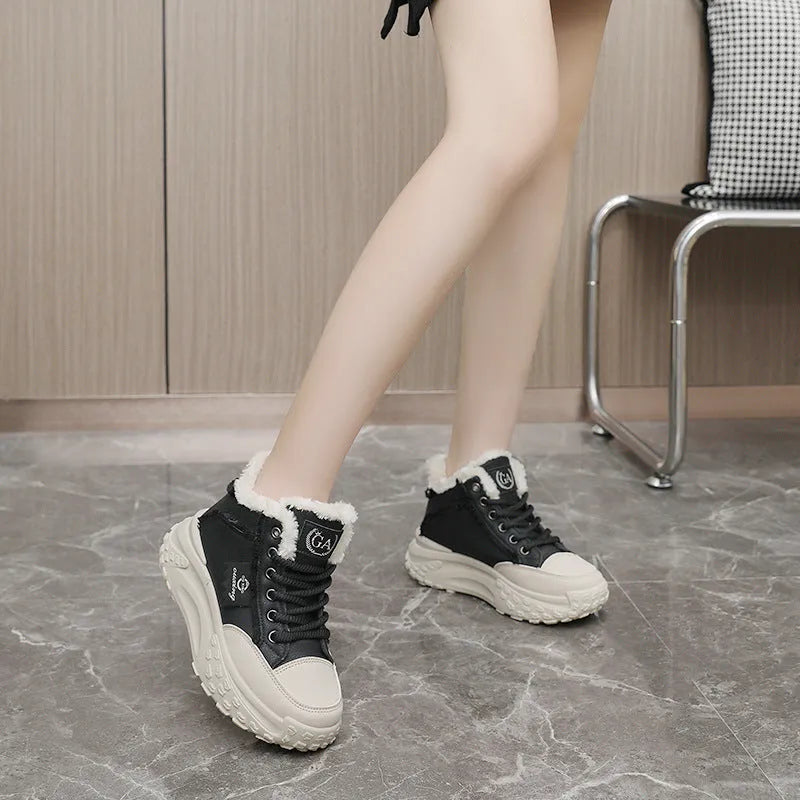 White low-top women's platform snow boots with sequins, artificial PU upper, rubber sole