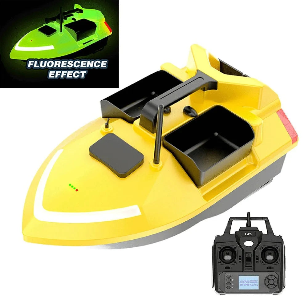 V020 GPS remote control fishing boat with LED lights on water, showing handbag and remote.