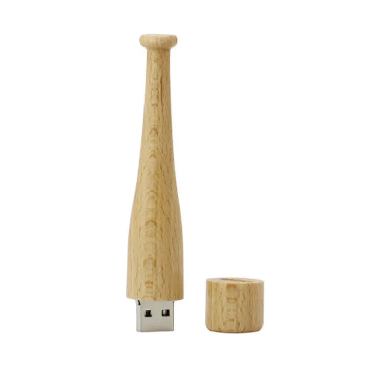 Baseball bat shaped USB flash drive with wood shell, 16GB capacity, black USB plug