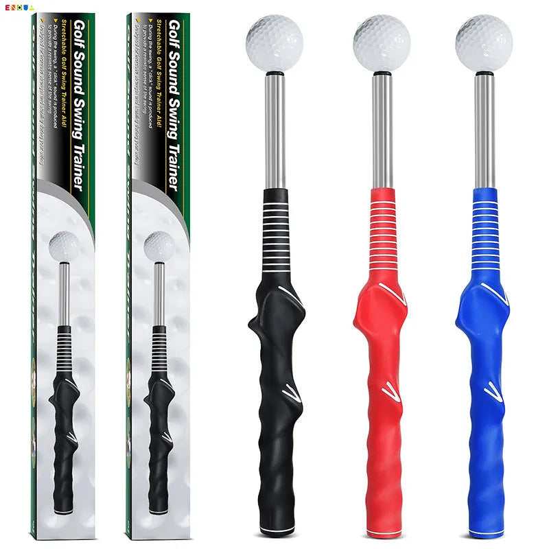 A telescopic golf swing trainer in stainless steel, shown extended for use.