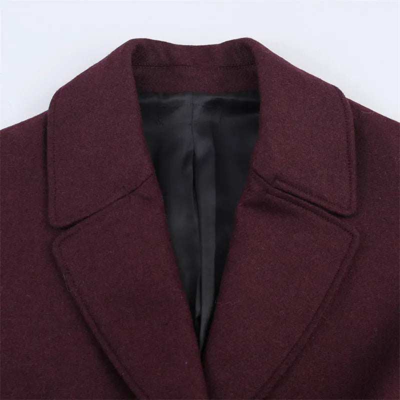 Women's loose slimming long overcoat in wine red colour with spandex stretch, front view