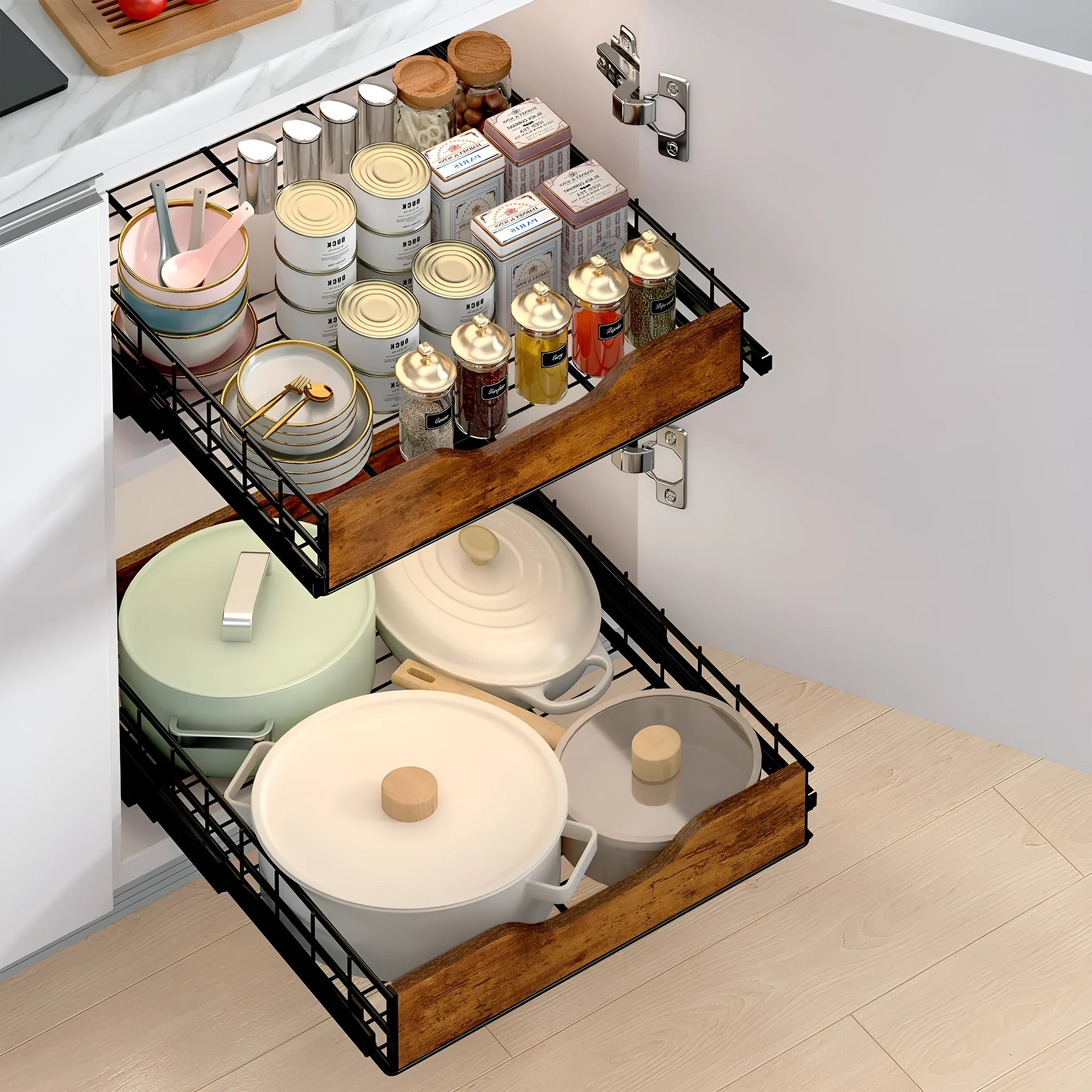 Black household storage rack with pull-out basket drawers made from wood and iron for kitchen organisation.