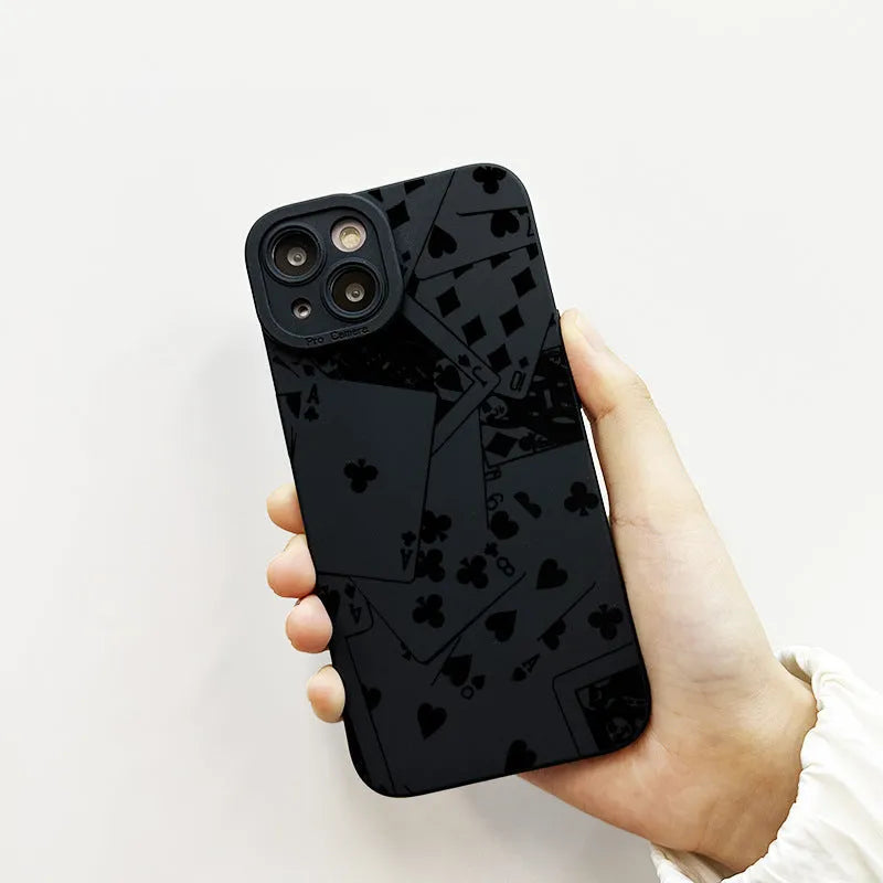 Black silicone phone case with playing cards design frosted soft shell for iPhone models including 15 Pro Max and 14 Pro