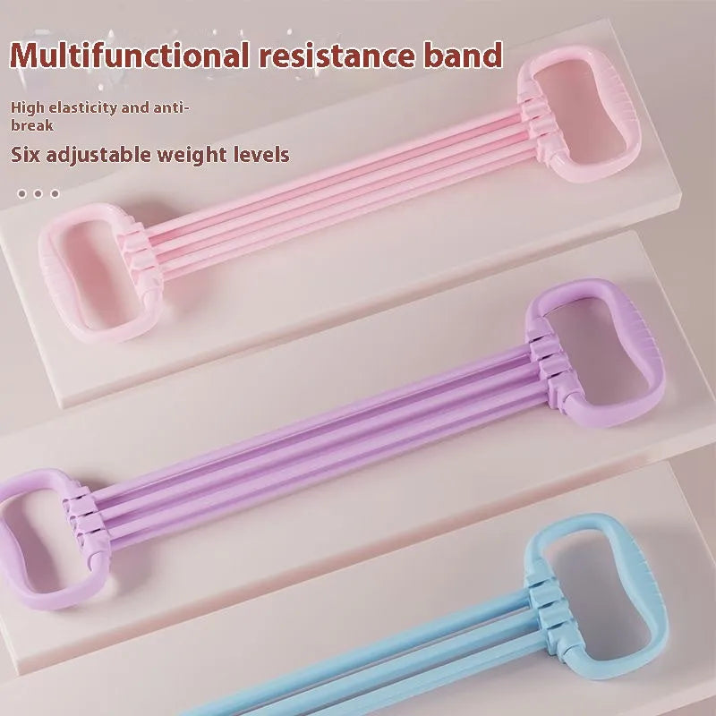 Adjustable chest expander pulling rope in blue, pink, or purple colours with six resistance levels