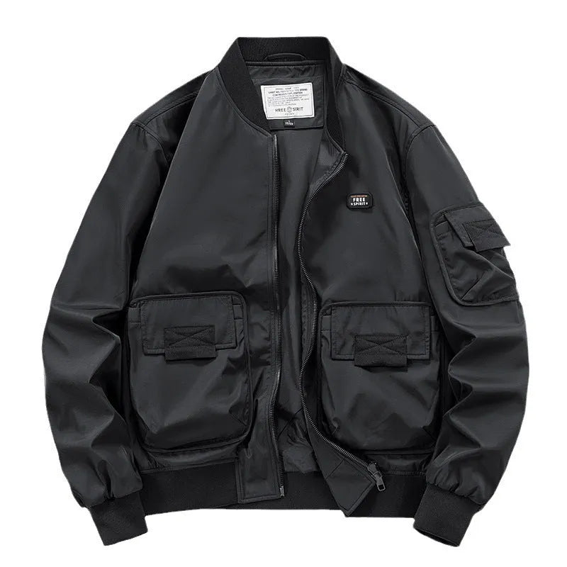 Men's nylon pilot jacket with multiple pockets in Army Green, windproof retro coat