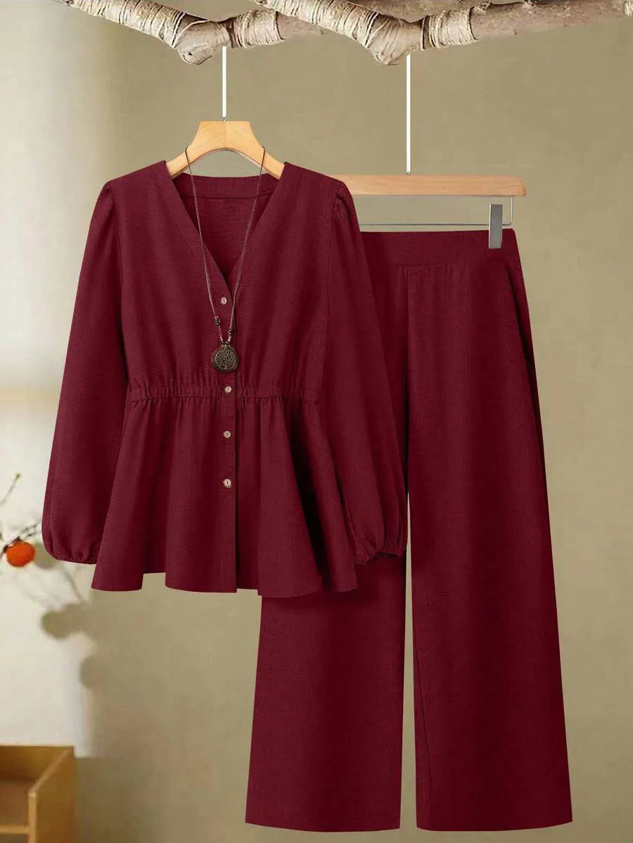 Women's long-sleeved pants polyester two-piece suit in khaki, front view, button closure, regular fit