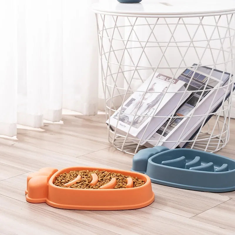 Radish Dog Slow Food Anti-tumble Pet Bowl in plastic, shown in one of four colours: Mango Yellow, Twilight Orange, Gentiana Green, or Ink Blue