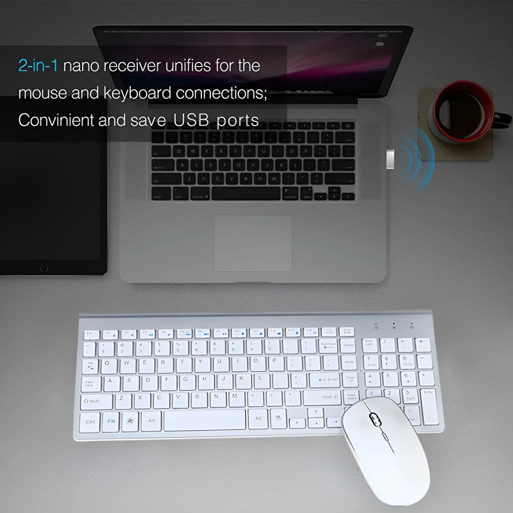Wireless keyboard and mouse set in grey with ultra-thin 104-key layout and USB receiver on a desk