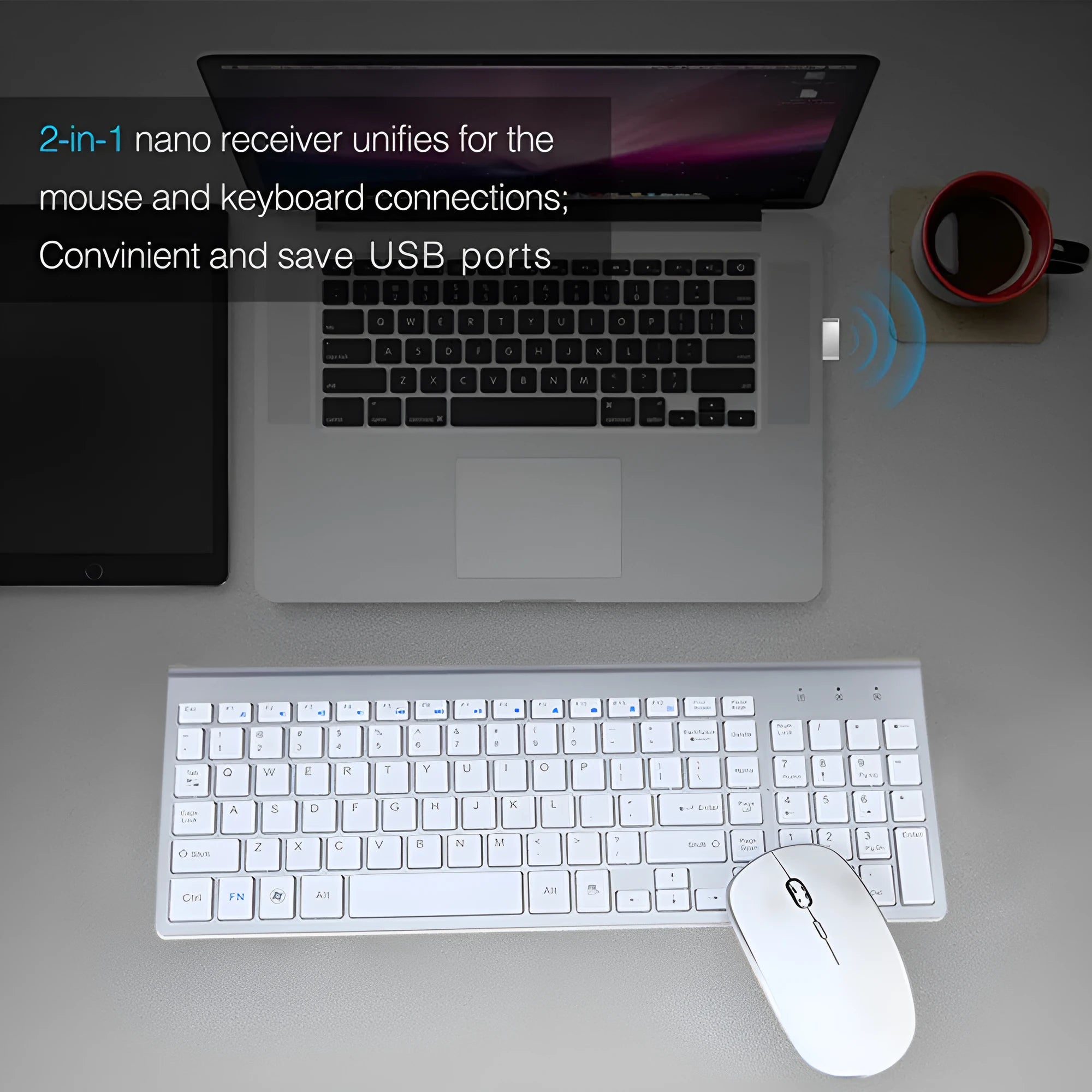 Wireless keyboard and mouse set in grey with ultra-thin 104-key layout and USB receiver on a desk