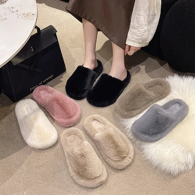 Women's open toe winter slippers with plush upper and 3cm rubber sole in beige