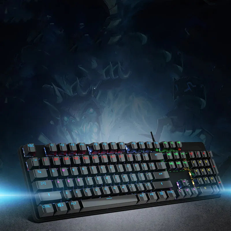 AOC GK410 wired mechanical keyboard with 104 keys and metal frame on a desktop.