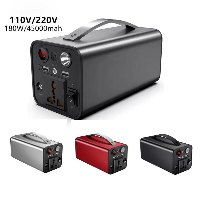 Portable power station with 45000mAh capacity, 180W output, featuring AC/DC/USB ports and LED light.