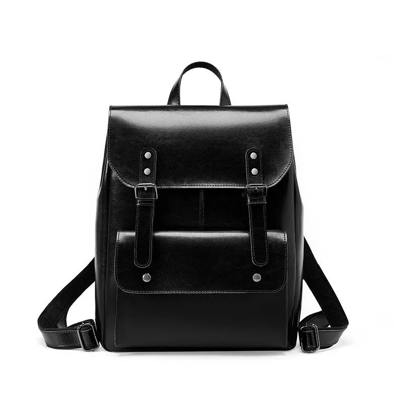 Hard cowhide leather computer backpack in black, brown, or coffee with lining cloth interior