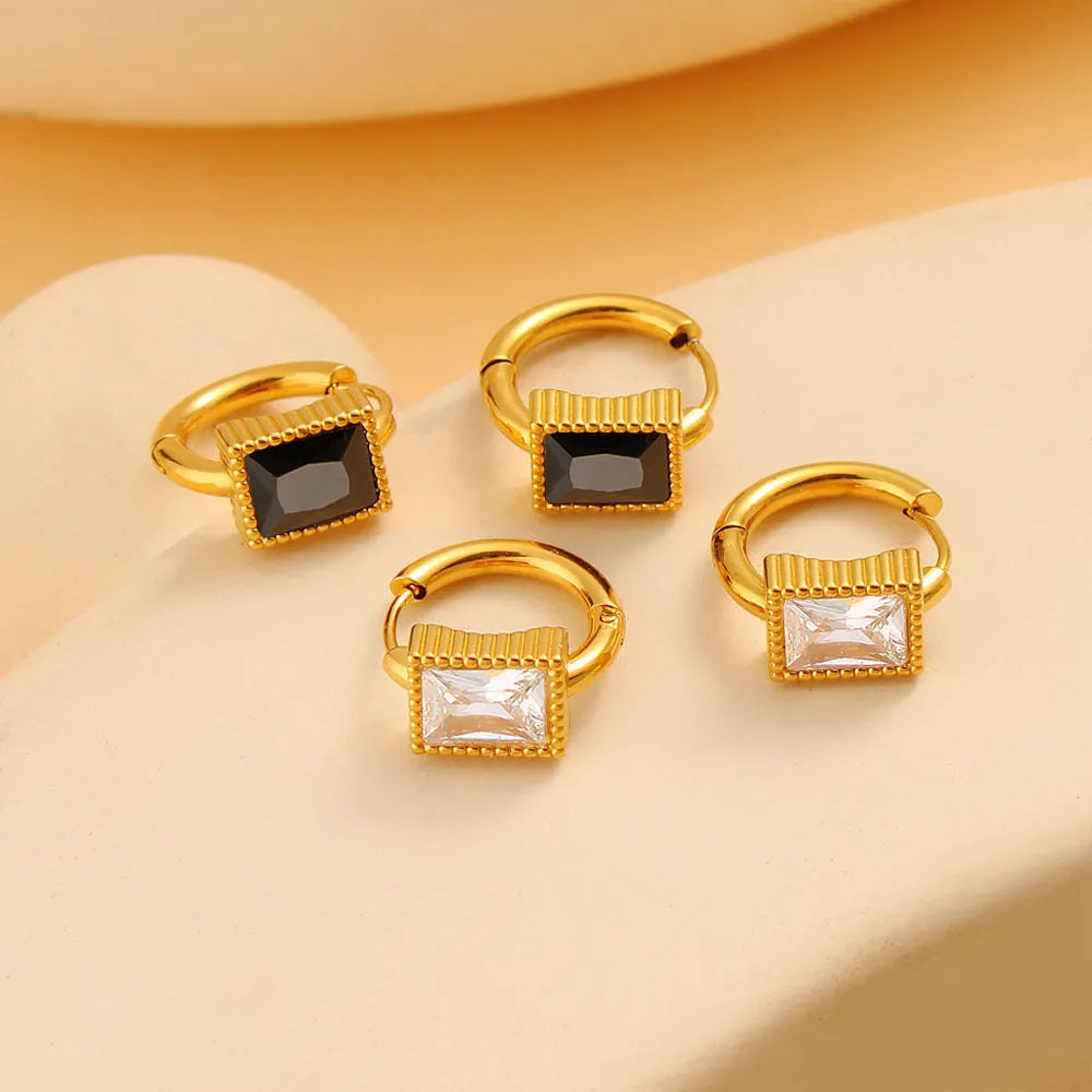 Square geometric zircon earrings in stainless steel with white, black or green electroplated finish