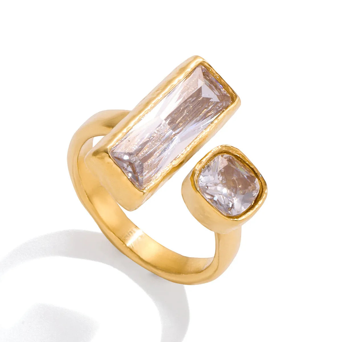 High-grade rhinestone titanium steel no fading ring for women, geometric quadrilateral shape, electroplated finish