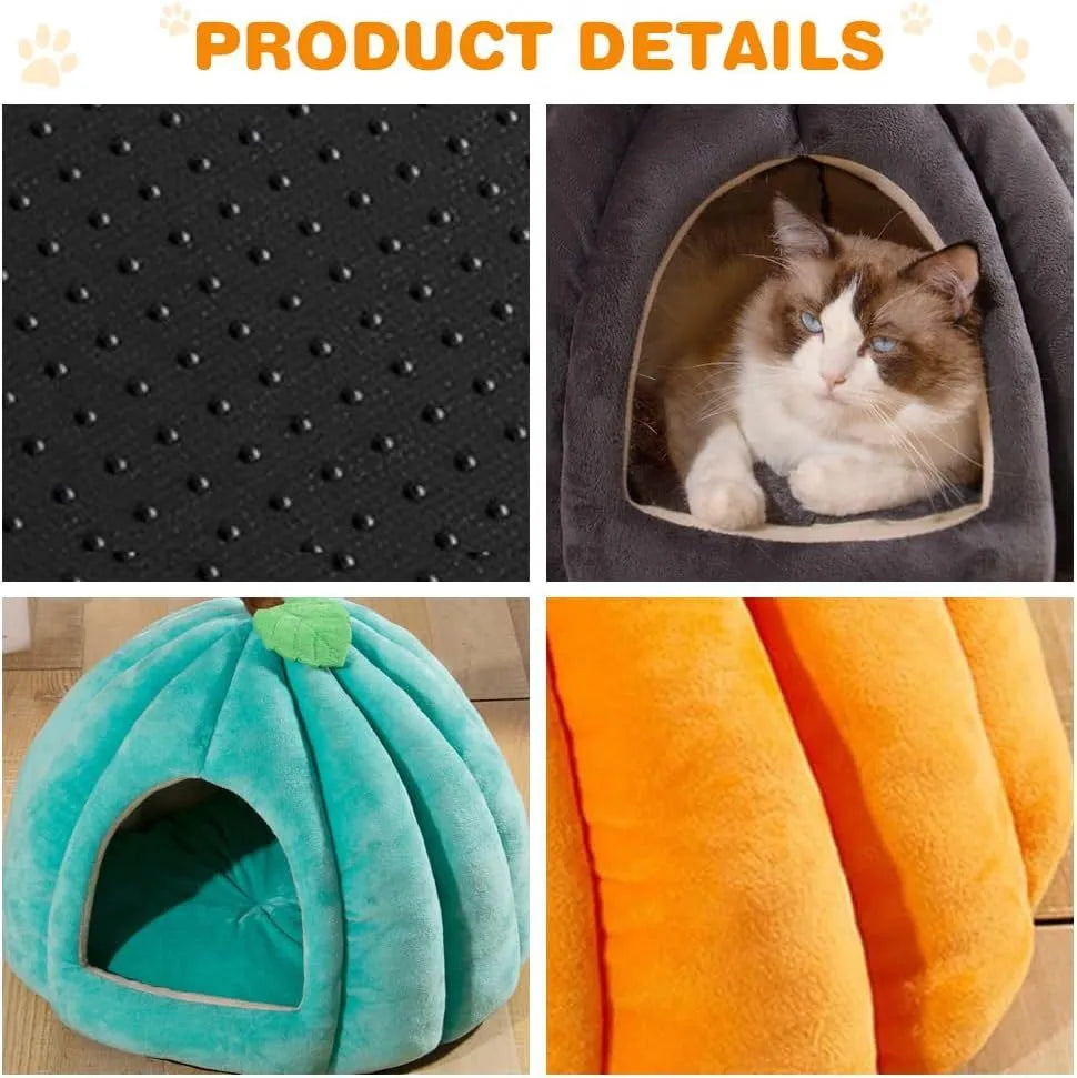 Pumpkin-shaped cat bed in blue, showing semi-enclosed cave design and plush fabric entrance.