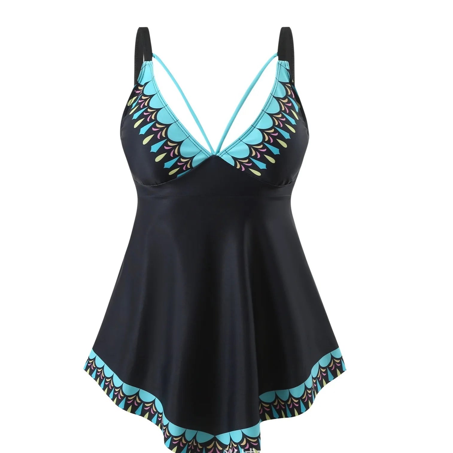 Plus size woman in a blue two-piece bikini swimsuit with a backless top and briefs bottom.
