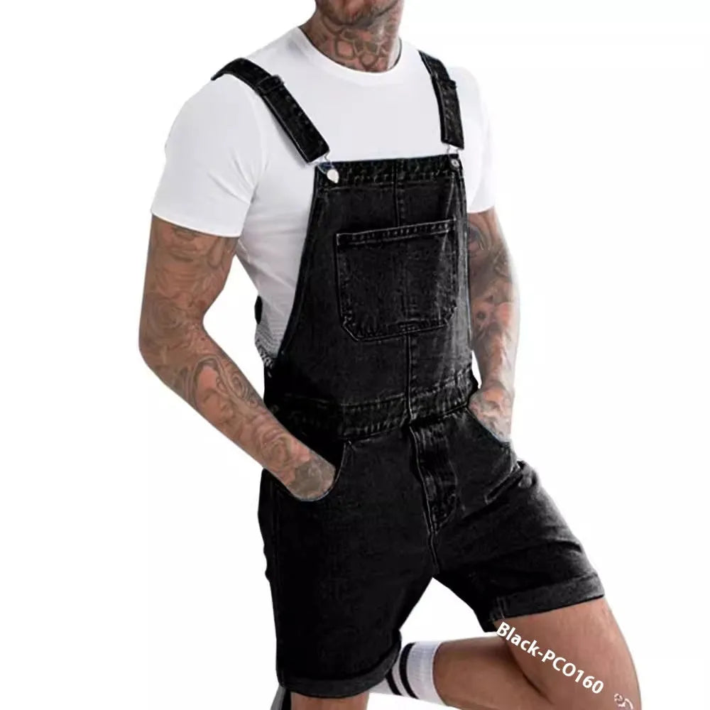 Youth casual denim suspender pants with straight-leg cut and suspenders in black colour option