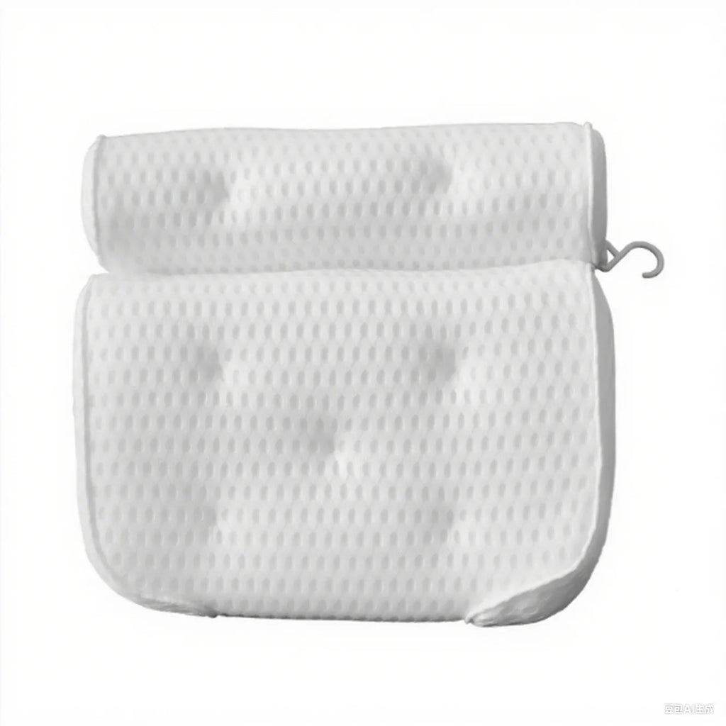 White 4D mesh bathtub pillow with 7 suction cups showing 3D breathable material construction