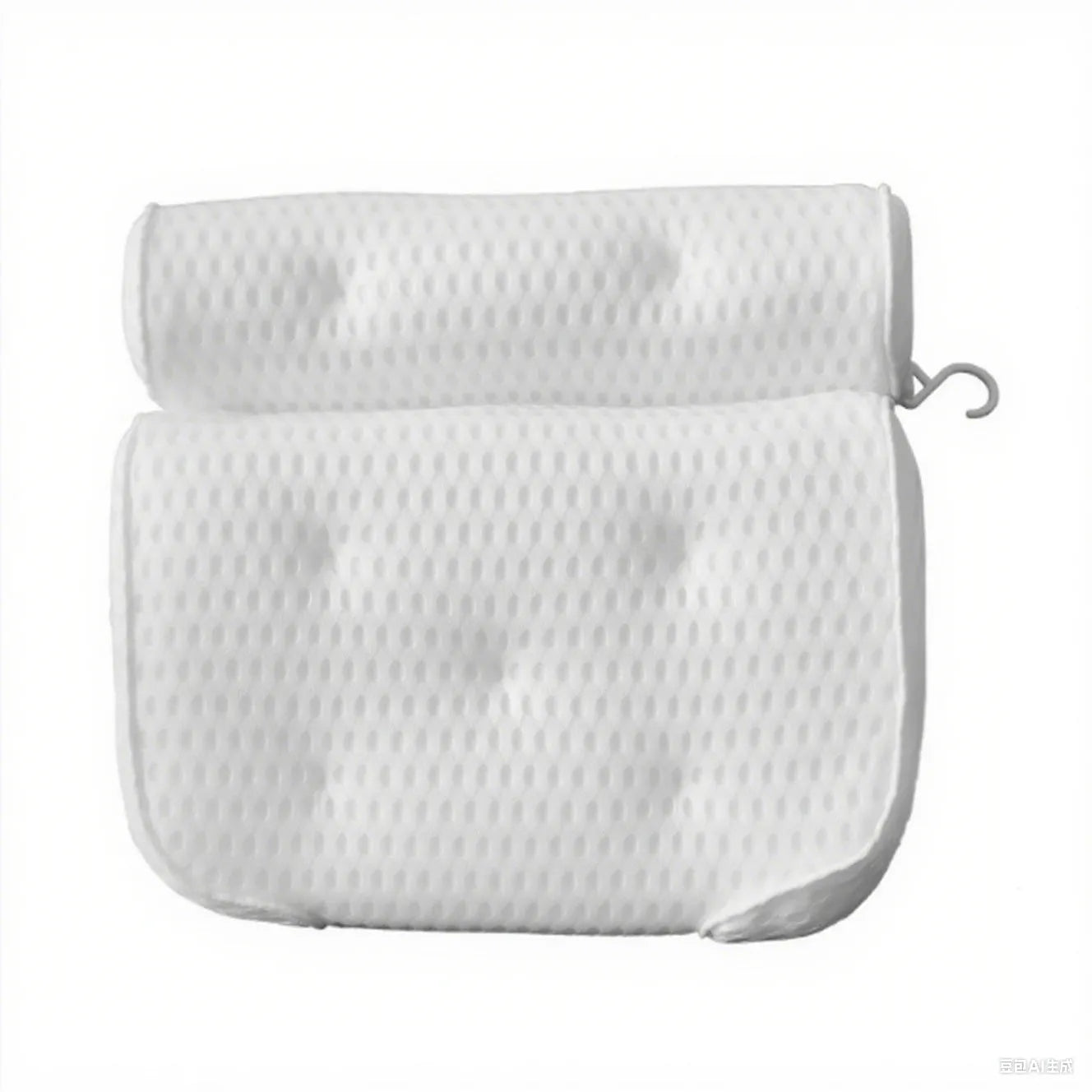 White 4D mesh bathtub pillow with 7 suction cups showing 3D breathable material construction