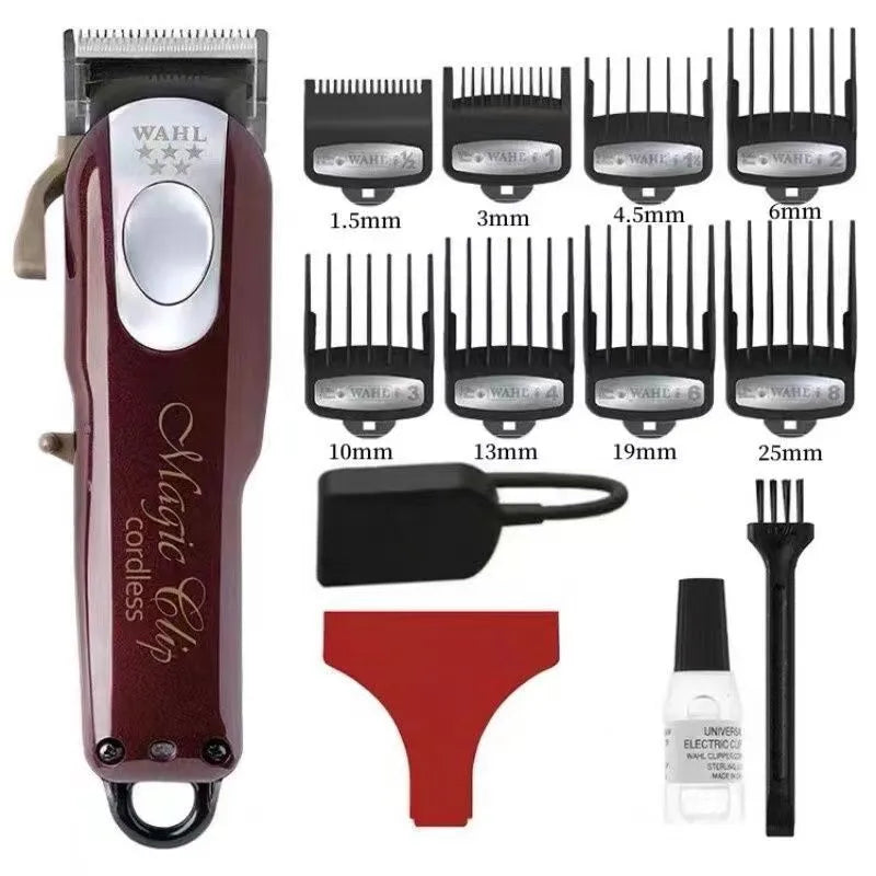 Charging cordless hair clippers set with stainless steel cutter head on a white background
