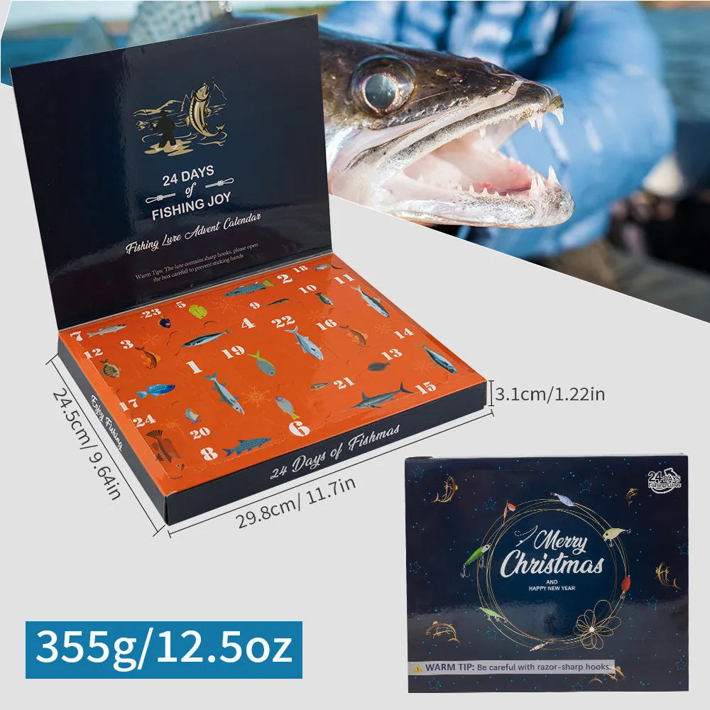 Christmas-themed metal blind box open to show 24 assorted bog-style fishing flies on a green background.