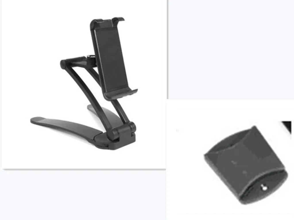 Silver aluminium alloy desktop tablet stand holding a tablet, showing its 360-degree rotation and adjustable chuck mechanism.