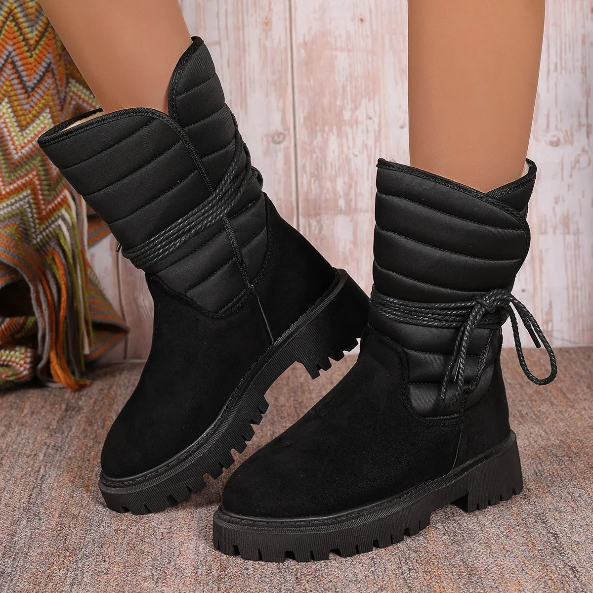 Women's chunky heel high-top snow boots in suede with fleece lining, shown in black, brown, and grey.