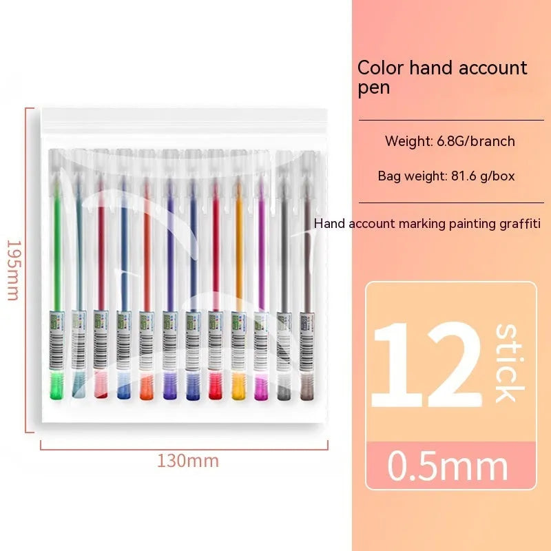 Boxed set of twelve colour gel pens with 0.5mm tips for journaling and stationery needs