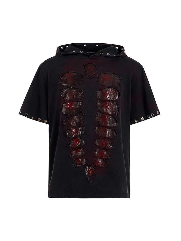 Black men's loose-fit T-shirt with short sleeves, a hood, and sequin graphic detail.