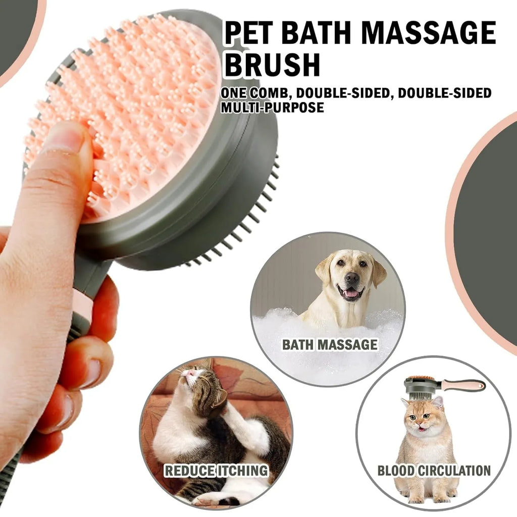 Green and pink double sided cat grooming brush with release button and flea comb on a white background.