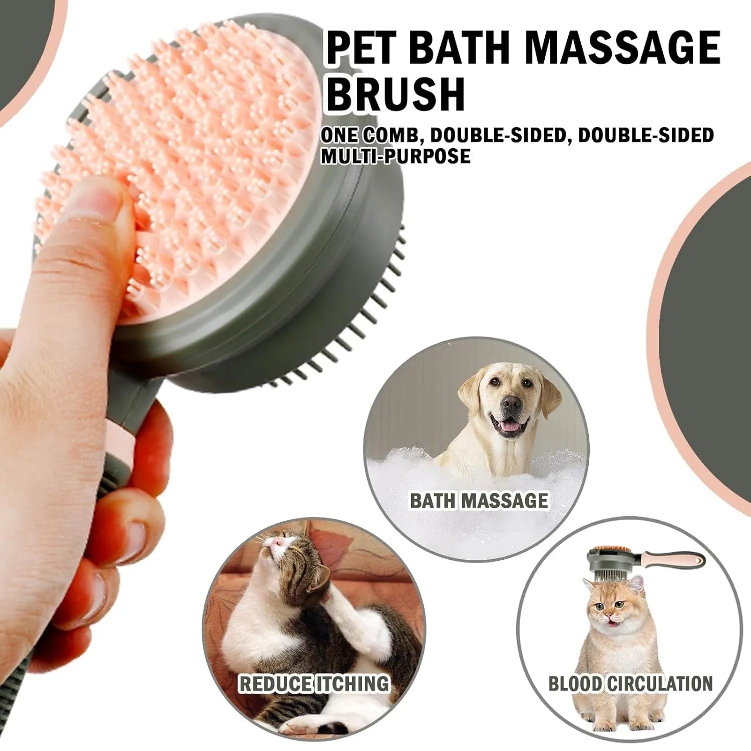 Green and pink double sided cat grooming brush with release button and flea comb on a white background.