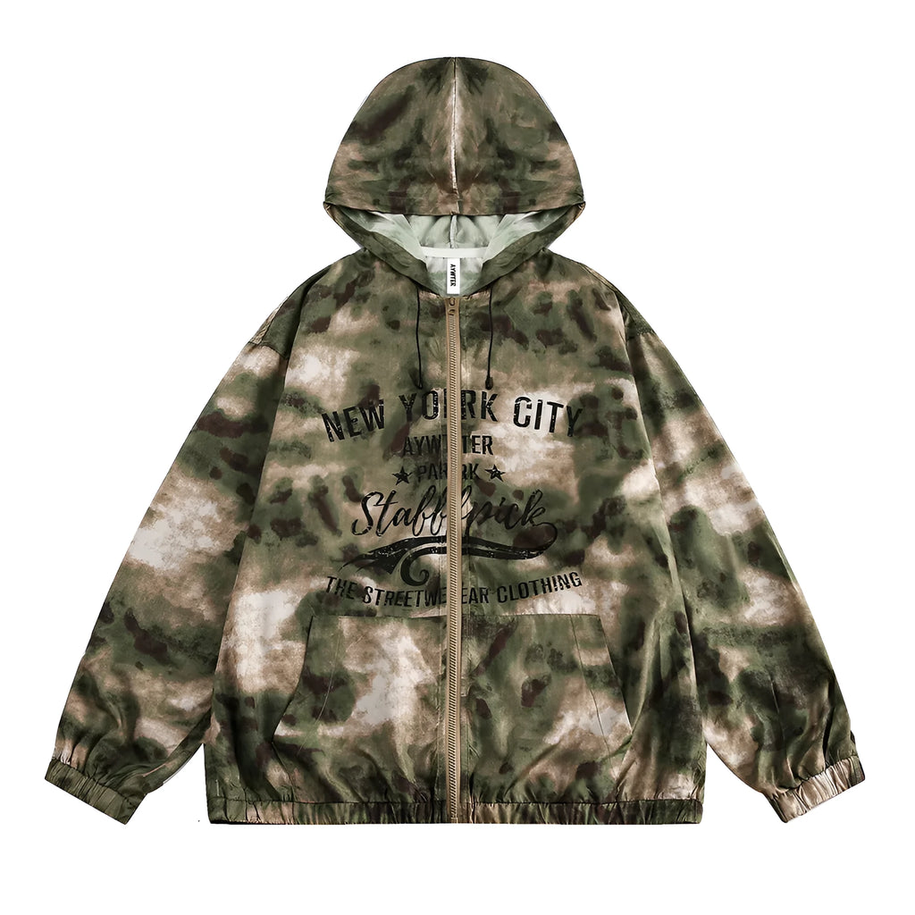 Hooded camouflage sun protection jacket for men in loose fit polyester