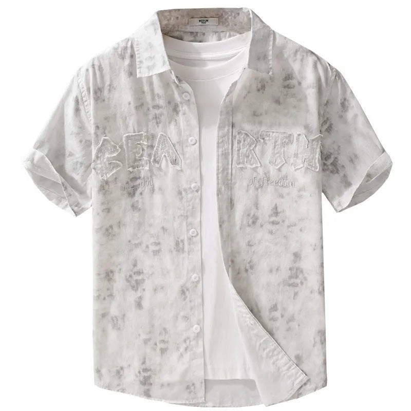 Men's grey white pure cotton cardigan with hanging dyed print and short sleeves