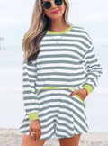 Women's black and grey striped long sleeve blouse and loose shorts set with ribbed trim