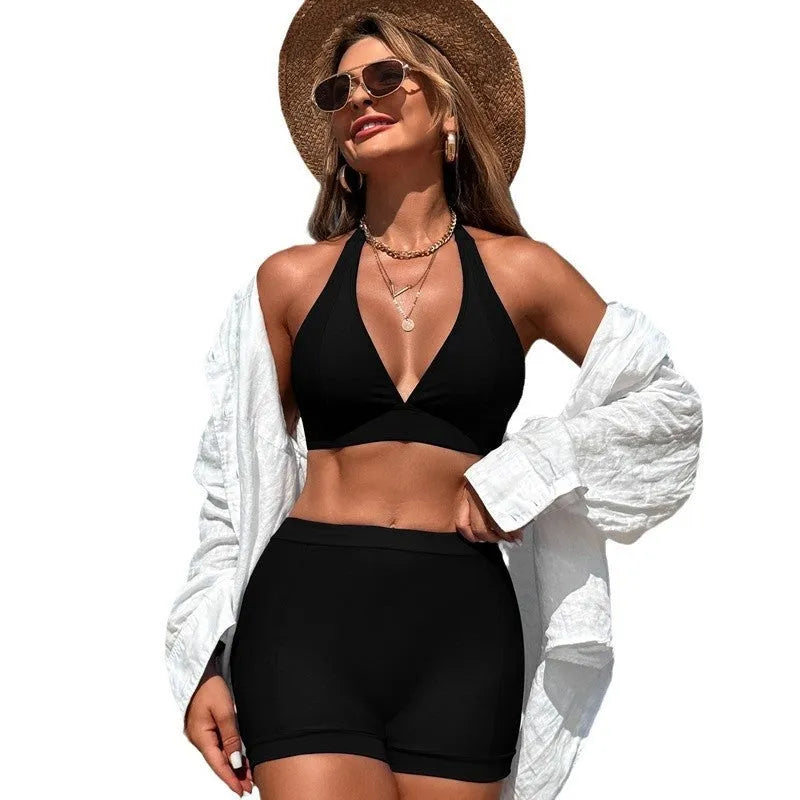 Women's split bikini swimsuit in nylon fabric, shown in one of four colour options.