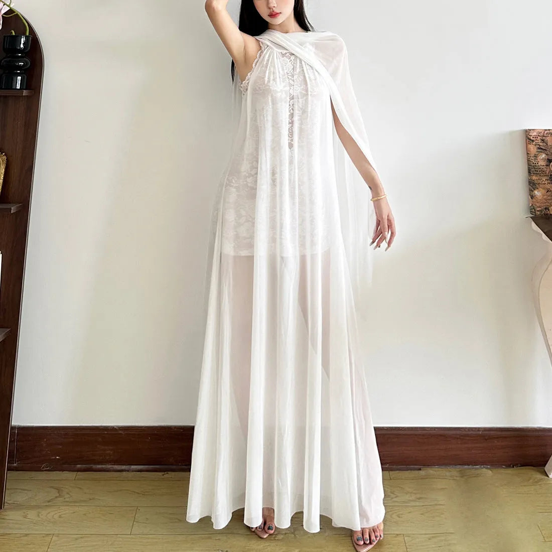 White women's halter dress with lace stitching, high waist, A-line long skirt, street fashion style