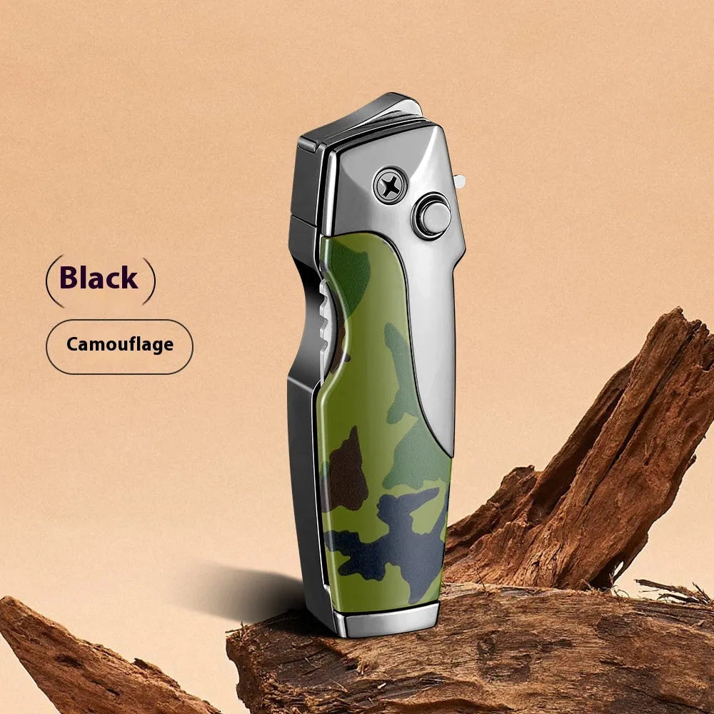 Metal folding lighter tool with integrated knife, shown in a selection of carbon fibre, camouflage, and wood grain finishes.