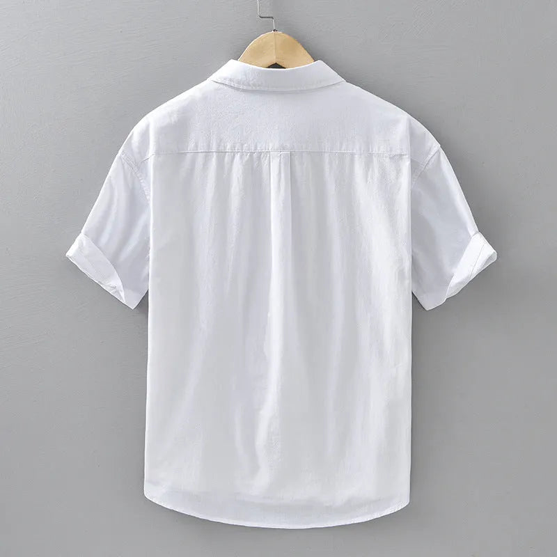 Summer mens casual short-sleeved cotton shirt in loose cardigan style fit